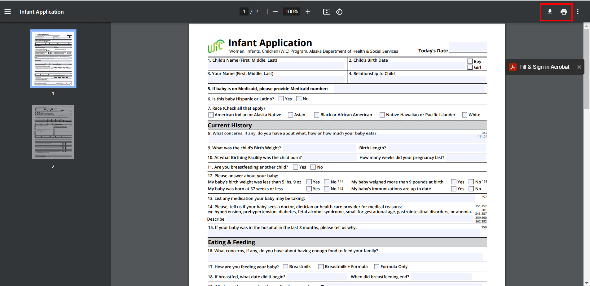 APPLICATION FORM FOR WIC INFANT