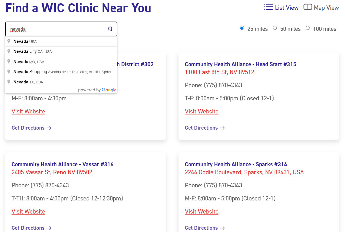 FIND A NV CLINIC OFFICE WIC