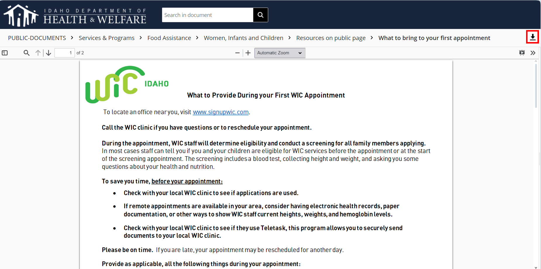 ID WIC Appointment Document