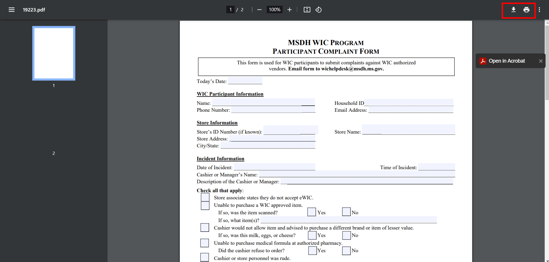 MS WIC Participant Form